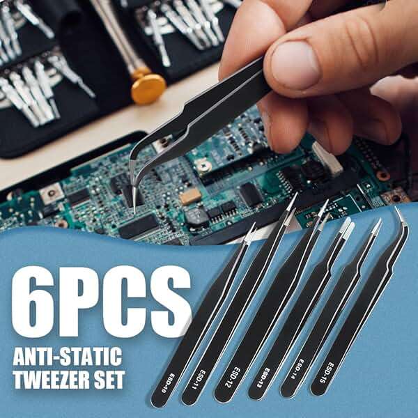 CHERALKEST 6 Pcs Precision Tweezers Set, Premium Anti-Static Stainless Steel Tweezer, ESD Curved of Tweezers for Electronics, Craft, Laboratory Work, Jewelry-Making, etc - Image 6