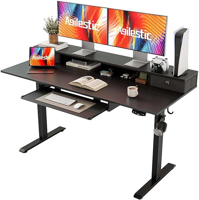 Agilestic Electric Standing Desk with 2 Drawers and Keyboard Tray, 55 x 24 Inches Ergonomic Adjustable Height Desk with Storage, Sit Stand up Desk Computer Workstation, Black - Image 1