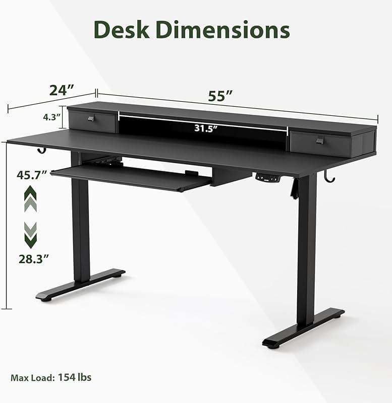 Agilestic Electric Standing Desk with 2 Drawers and Keyboard Tray, 55 x 24 Inches Ergonomic Adjustable Height Desk with Storage, Sit Stand up Desk Computer Workstation, Black - Image 3