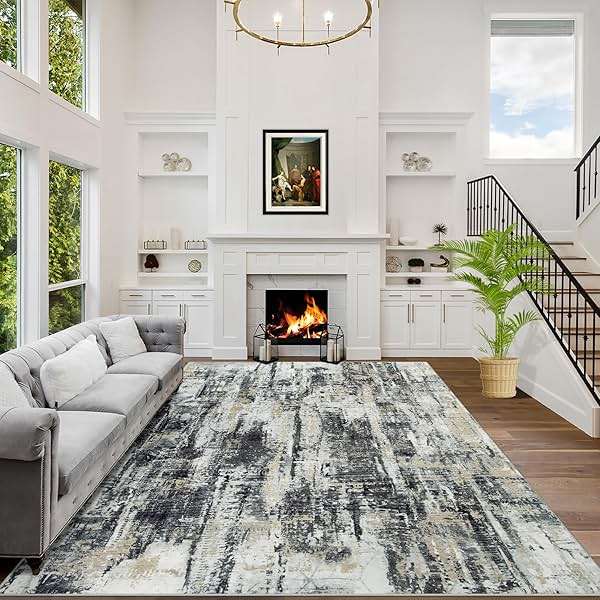 6x9 Area Rugs Washable Rug: Large Modern Abstract Living Room Rug Soft Anti-Skid Thin Carpet Indoor Floor Non-Shedding Carpets for Bedroom Dining Room Farmhouse Nursery Home Office Black Grey Gold - Image 1