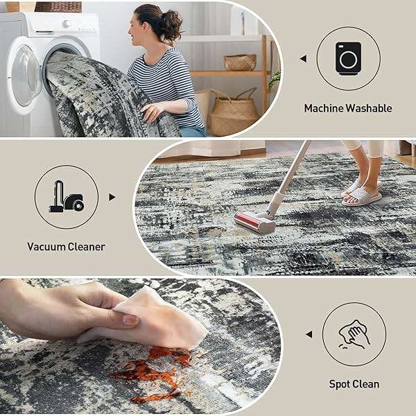 6x9 Area Rugs Washable Rug: Large Modern Abstract Living Room Rug Soft Anti-Skid Thin Carpet Indoor Floor Non-Shedding Carpets for Bedroom Dining Room Farmhouse Nursery Home Office Black Grey Gold - Image 3