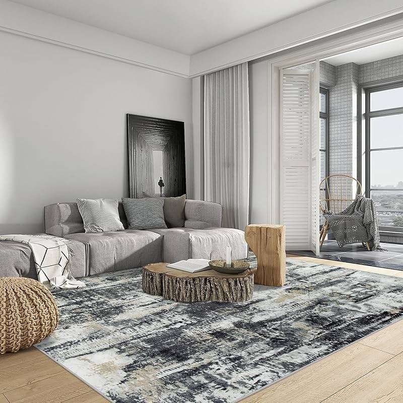6x9 Area Rugs Washable Rug: Large Modern Abstract Living Room Rug Soft Anti-Skid Thin Carpet Indoor Floor Non-Shedding Carpets for Bedroom Dining Room Farmhouse Nursery Home Office Black Grey Gold - Image 4