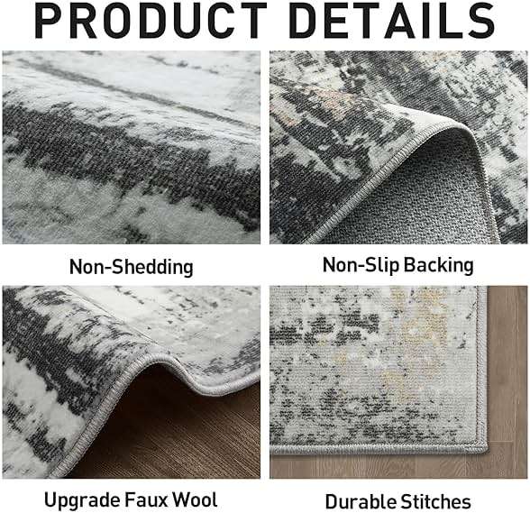 6x9 Area Rugs Washable Rug: Large Modern Abstract Living Room Rug Soft Anti-Skid Thin Carpet Indoor Floor Non-Shedding Carpets for Bedroom Dining Room Farmhouse Nursery Home Office Black Grey Gold - Image 5