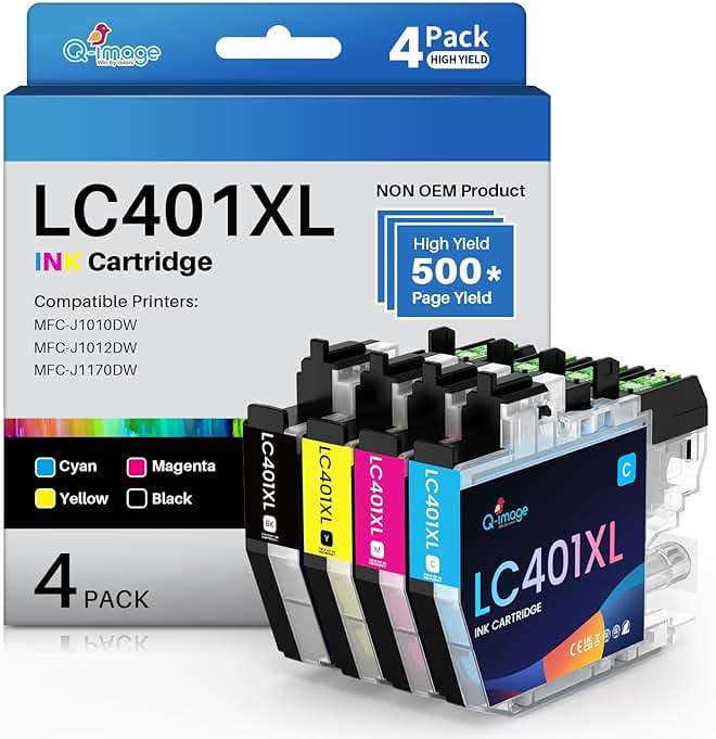 LC401XL LC401 Ink Cartridges Compatible for Brother LC 401XL LC401 XL High Yield Work for Brother MFC-J1010DW MFC-J1012DW MFC-J1170DW Printer (4XL Pack, 1 Black, 1 Cyan, 1 Magenta, 1 Yellow) - Image 1
