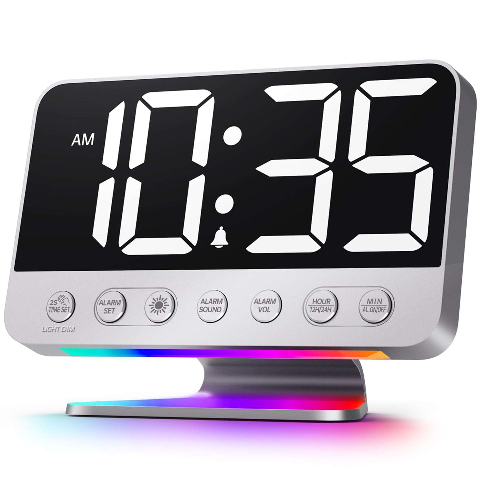 Odokee Digital Alarm Clocks for Bedrooms: Large Bold Number 5 Brightness Dimmer - Easy to Read Across The Room - 5 Alarm Sound 8 Night Light - Silver - Image 1