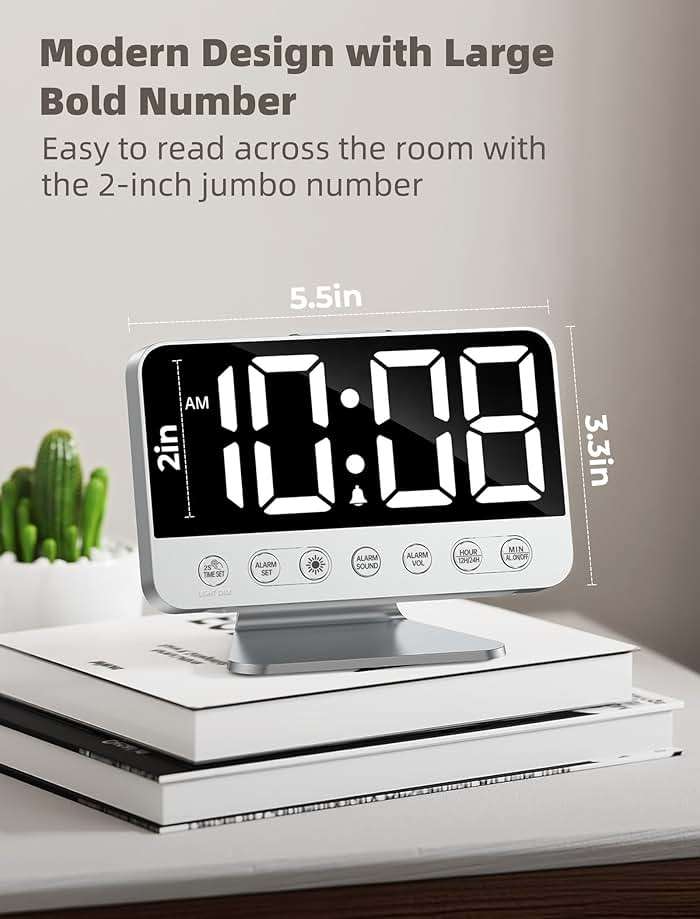 Odokee Digital Alarm Clocks for Bedrooms: Large Bold Number 5 Brightness Dimmer - Easy to Read Across The Room - 5 Alarm Sound 8 Night Light - Silver - Image 2