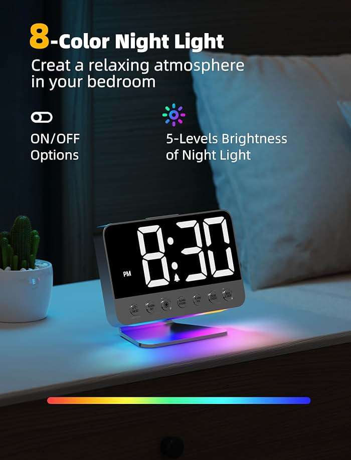 Odokee Digital Alarm Clocks for Bedrooms: Large Bold Number 5 Brightness Dimmer - Easy to Read Across The Room - 5 Alarm Sound 8 Night Light - Silver - Image 5