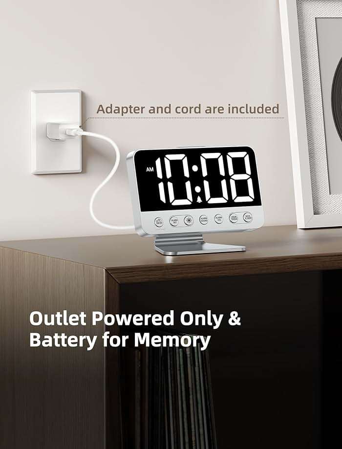 Odokee Digital Alarm Clocks for Bedrooms: Large Bold Number 5 Brightness Dimmer - Easy to Read Across The Room - 5 Alarm Sound 8 Night Light - Silver - Image 6