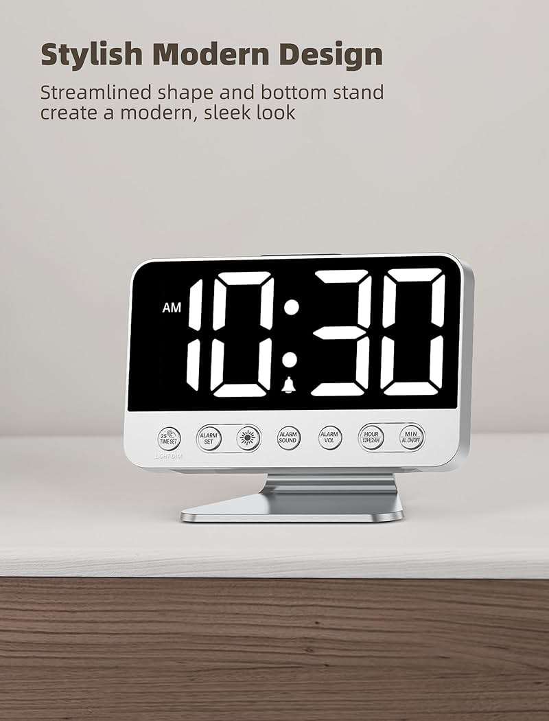 Odokee Digital Alarm Clocks for Bedrooms: Large Bold Number 5 Brightness Dimmer - Easy to Read Across The Room - 5 Alarm Sound 8 Night Light - Silver - Image 7