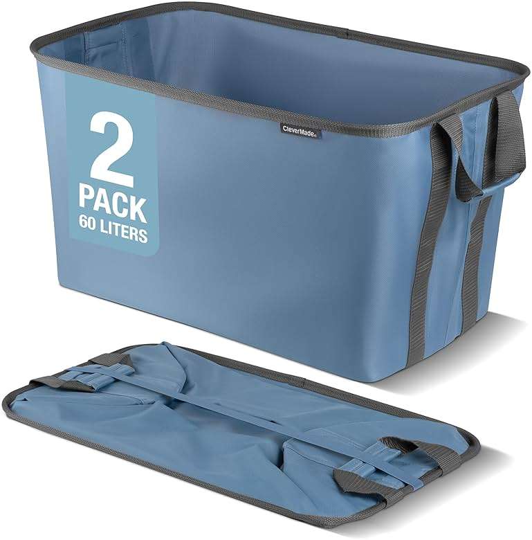 CleverMade Collapsible Laundry Basket 2 Pack – 60L (16 Gal) Foldable Clothes Hamper with Reinforced Handles, Space Saving Fabric Laundry Bin, Holds 55 lbs, Flat Folding for Dorm, Apartment & RV - Denim - Image 1