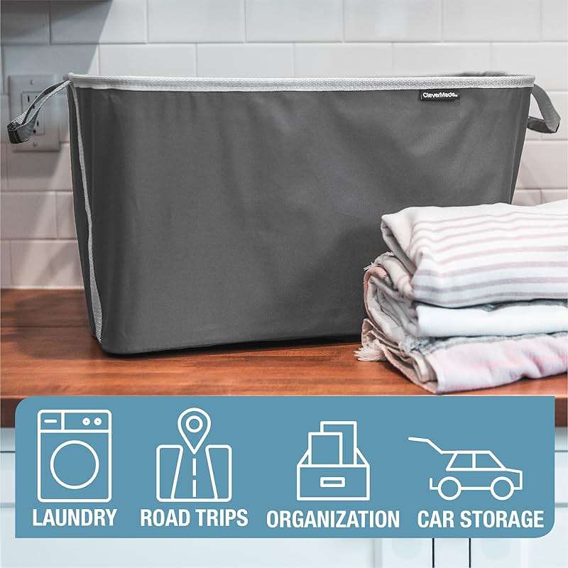 CleverMade Collapsible Laundry Basket 2 Pack – 60L (16 Gal) Foldable Clothes Hamper with Reinforced Handles, Space Saving Fabric Laundry Bin, Holds 55 lbs, Flat Folding for Dorm, Apartment & RV - Denim - Image 3