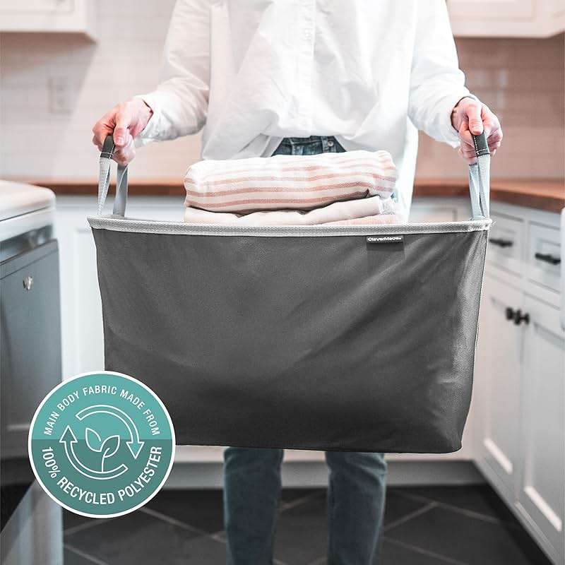 CleverMade Collapsible Laundry Basket 2 Pack – 60L (16 Gal) Foldable Clothes Hamper with Reinforced Handles, Space Saving Fabric Laundry Bin, Holds 55 lbs, Flat Folding for Dorm, Apartment & RV - Denim - Image 6