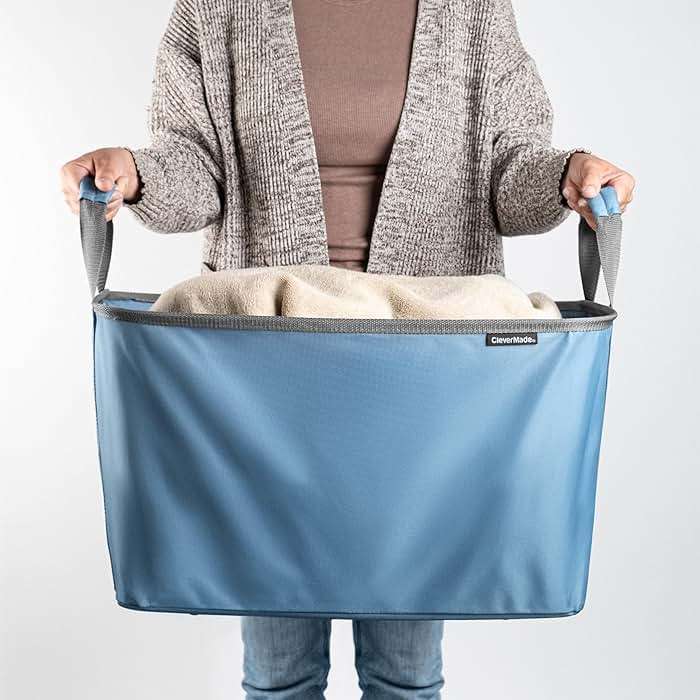 CleverMade Collapsible Laundry Basket 2 Pack – 60L (16 Gal) Foldable Clothes Hamper with Reinforced Handles, Space Saving Fabric Laundry Bin, Holds 55 lbs, Flat Folding for Dorm, Apartment & RV - Denim - Image 8