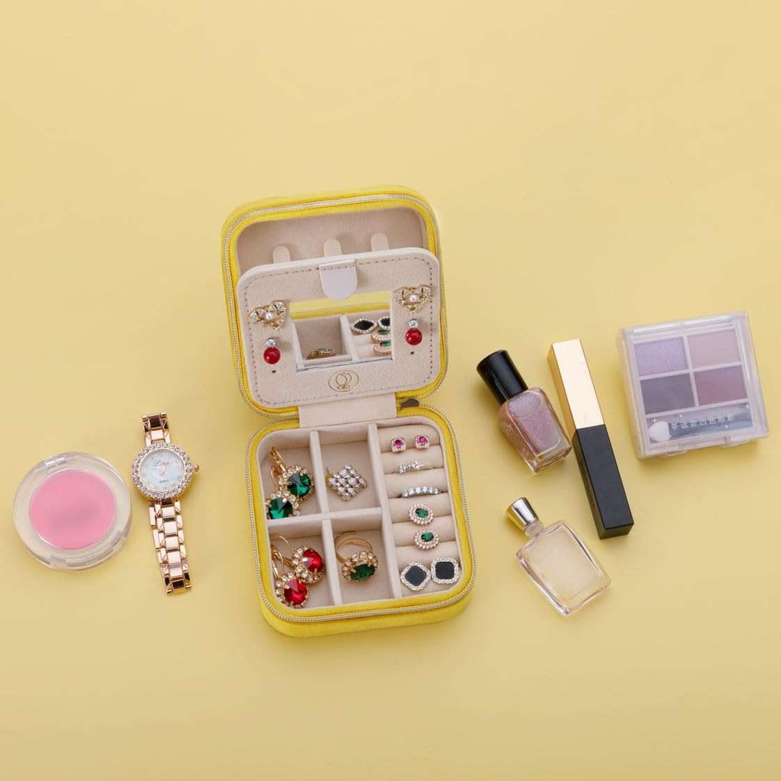 ZPROW Plush Velvet Travel Jewelry Case, Organizer, Box, Small Case for Women, Earring Organizer with Mirror, Best Gifts For Daughter, Girlfriend, Mom | Gifts For Her - Yellow - Image 6