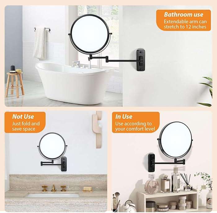 Large Size 9-in Wall Mounted Magnifying Makeup Mirror 1X/10X Magnification,Extendable Bathroom Mirrors Wall Mount Vanity Mirror for Shaving,12-in Folding Arm,Flexible Adjustable,Space-Saving,No Light - Image 7