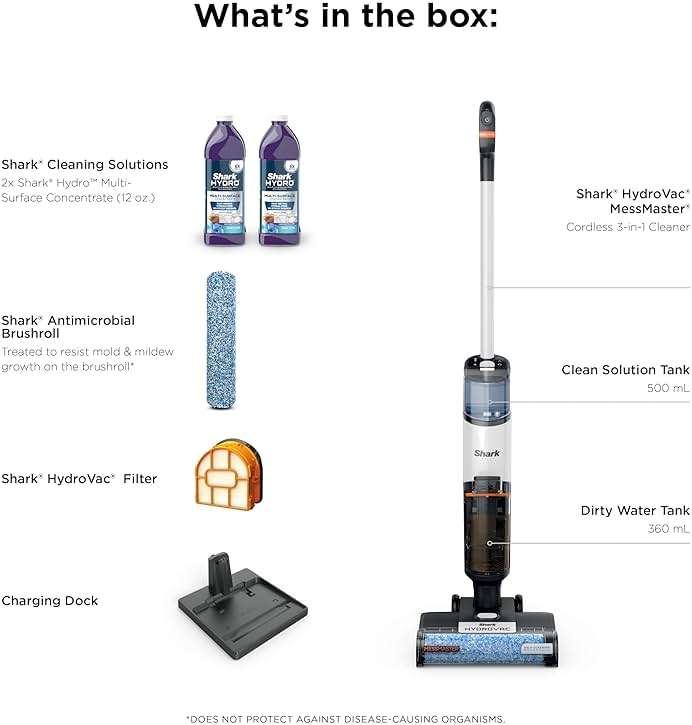 Shark | Wet Dry Vacuum Cleaner | Vacuum and Mop Combo | HydroVac MessMaster | 3-in-1 Self-Cleaning + Powerful Suction | 2 Brushrolls & 2 Solutions Included | Hardwood Floor & Area Rug Cleaner | AW261 - Image 10