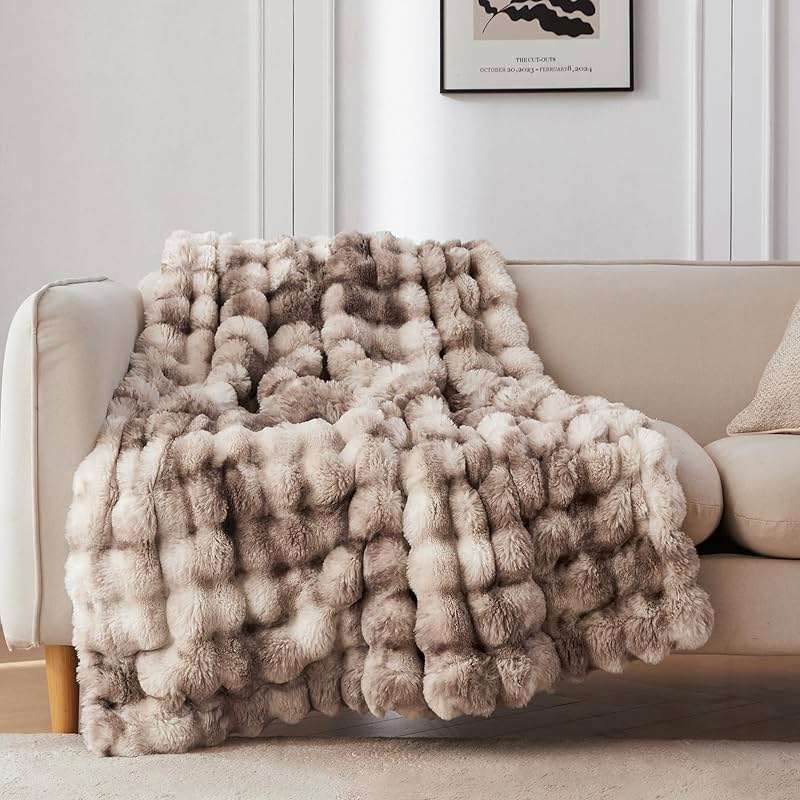 COOVA Faux Fur Throw Blanket for Couch, Cozy Soft and Fuzzy Plush Rabbit Fur Bubble Blanket for Sofa Bedroom Living Room, 50x60 Inches Tie Dye Brown - Image 1