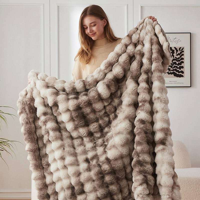COOVA Faux Fur Throw Blanket for Couch, Cozy Soft and Fuzzy Plush Rabbit Fur Bubble Blanket for Sofa Bedroom Living Room, 50x60 Inches Tie Dye Brown - Image 4