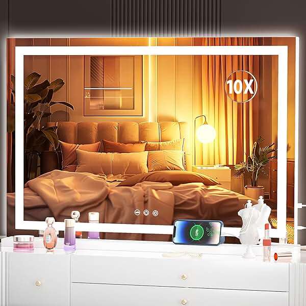 Hasipu Vanity Mirror with Lights, 32" x 20" LED Makeup Mirror, Lighted Makeup Mirror with Dimmable 3 Modes, Touch Screen Control Vanity Mirror Square White - Image 1