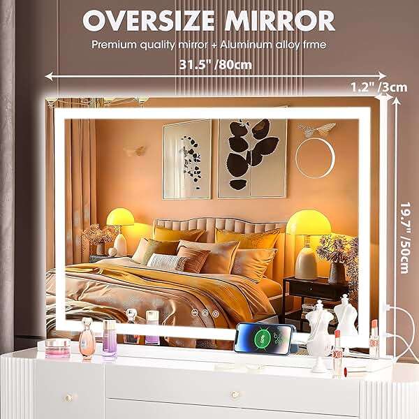Hasipu Vanity Mirror with Lights, 32" x 20" LED Makeup Mirror, Lighted Makeup Mirror with Dimmable 3 Modes, Touch Screen Control Vanity Mirror Square White - Image 2
