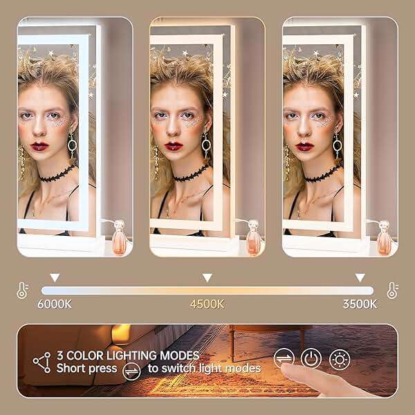 Hasipu Vanity Mirror with Lights, 32" x 20" LED Makeup Mirror, Lighted Makeup Mirror with Dimmable 3 Modes, Touch Screen Control Vanity Mirror Square White - Image 3