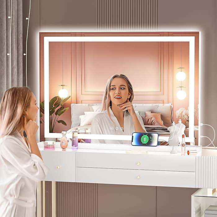 Hasipu Vanity Mirror with Lights, 32" x 20" LED Makeup Mirror, Lighted Makeup Mirror with Dimmable 3 Modes, Touch Screen Control Vanity Mirror Square White - Image 6