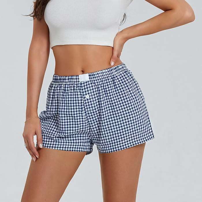Boxer Shorts Y2k Women Plaid Gingham Low Elastic Waist Pajamas Lounge Sleep Pj Checkered Micro Short Pants Bottoms - Image 2