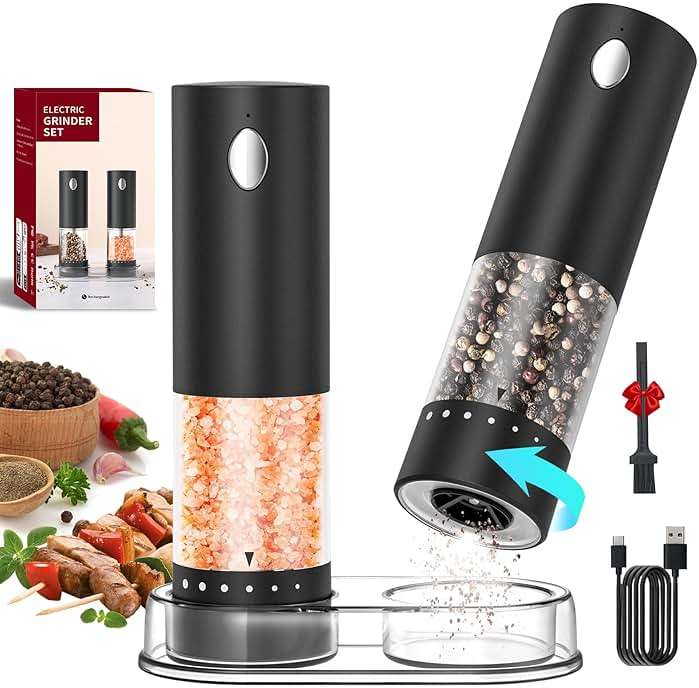 CIRCLE JOY Electric Salt and Pepper Grinder Set Rechargeable Salt and Pepper Mills with 6-Level External Adjustable Coarseness, White LED Light and Storage Base, Black - Image 1
