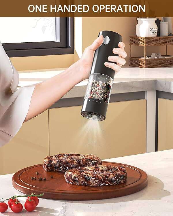 CIRCLE JOY Electric Salt and Pepper Grinder Set Rechargeable Salt and Pepper Mills with 6-Level External Adjustable Coarseness, White LED Light and Storage Base, Black - Image 2