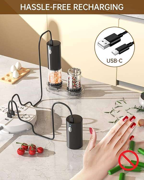 CIRCLE JOY Electric Salt and Pepper Grinder Set Rechargeable Salt and Pepper Mills with 6-Level External Adjustable Coarseness, White LED Light and Storage Base, Black - Image 4