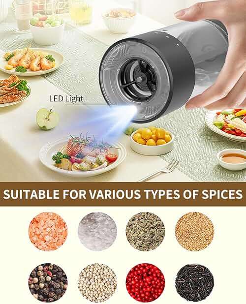 CIRCLE JOY Electric Salt and Pepper Grinder Set Rechargeable Salt and Pepper Mills with 6-Level External Adjustable Coarseness, White LED Light and Storage Base, Black - Image 5
