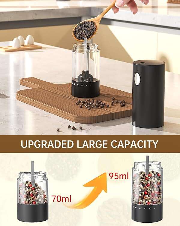 CIRCLE JOY Electric Salt and Pepper Grinder Set Rechargeable Salt and Pepper Mills with 6-Level External Adjustable Coarseness, White LED Light and Storage Base, Black - Image 6