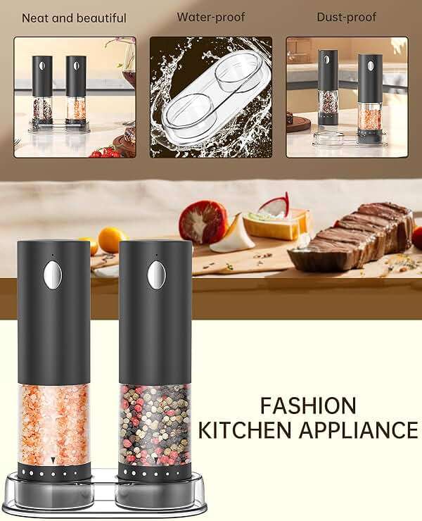 CIRCLE JOY Electric Salt and Pepper Grinder Set Rechargeable Salt and Pepper Mills with 6-Level External Adjustable Coarseness, White LED Light and Storage Base, Black - Image 7