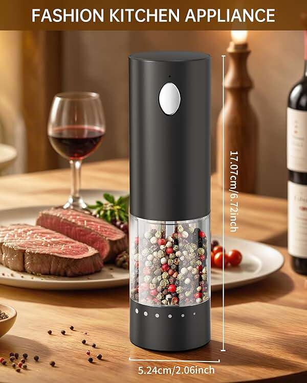 CIRCLE JOY Electric Salt and Pepper Grinder Set Rechargeable Salt and Pepper Mills with 6-Level External Adjustable Coarseness, White LED Light and Storage Base, Black - Image 8