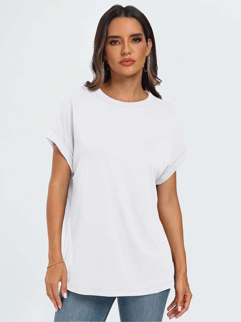 AUTOMET Women's Oversized Short Sleeve T-Shirt, Casual Drop Shoulder Top with Roll-Up Cuff Sleeves for Summer - Image 2