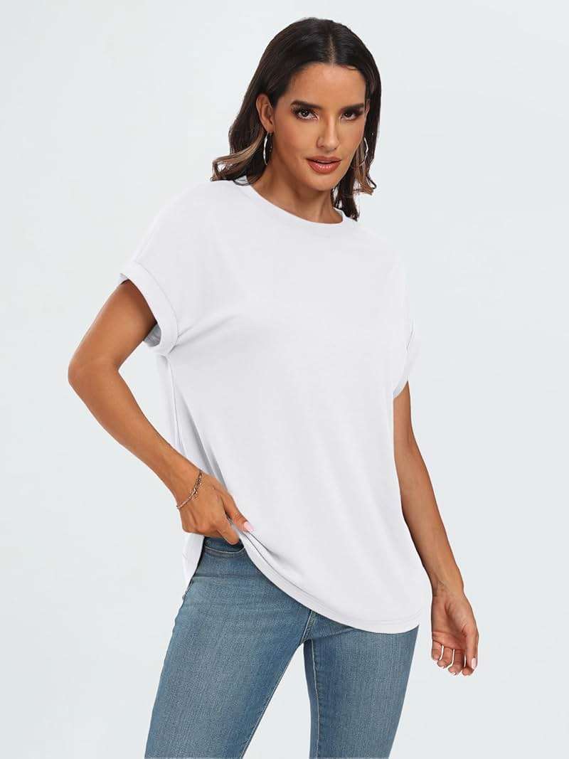 AUTOMET Women's Oversized Short Sleeve T-Shirt, Casual Drop Shoulder Top with Roll-Up Cuff Sleeves for Summer - Image 3