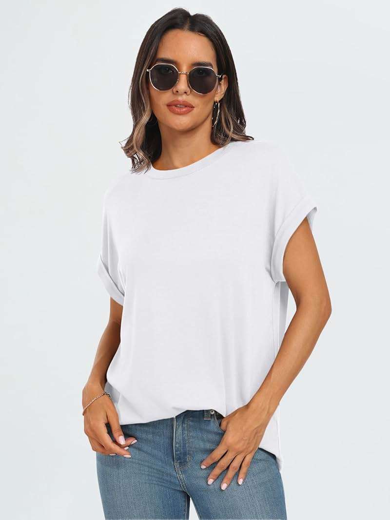 AUTOMET Women's Oversized Short Sleeve T-Shirt, Casual Drop Shoulder Top with Roll-Up Cuff Sleeves for Summer - Image 4