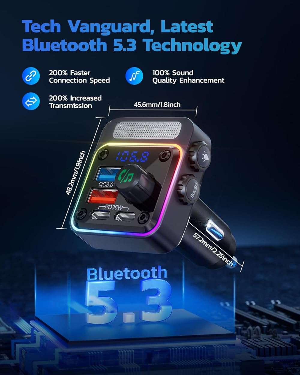 Nulaxy 54W Bluetooth 5.3 Car Adapter Charger 4-Port Fast Charging [PD36W & QC3.0 18W], Wireless Radio FM Transmitter with Deep Bass Player, 5 Colors LED Backlit, Hands-Free Calling, Support USB Drive - Image 3