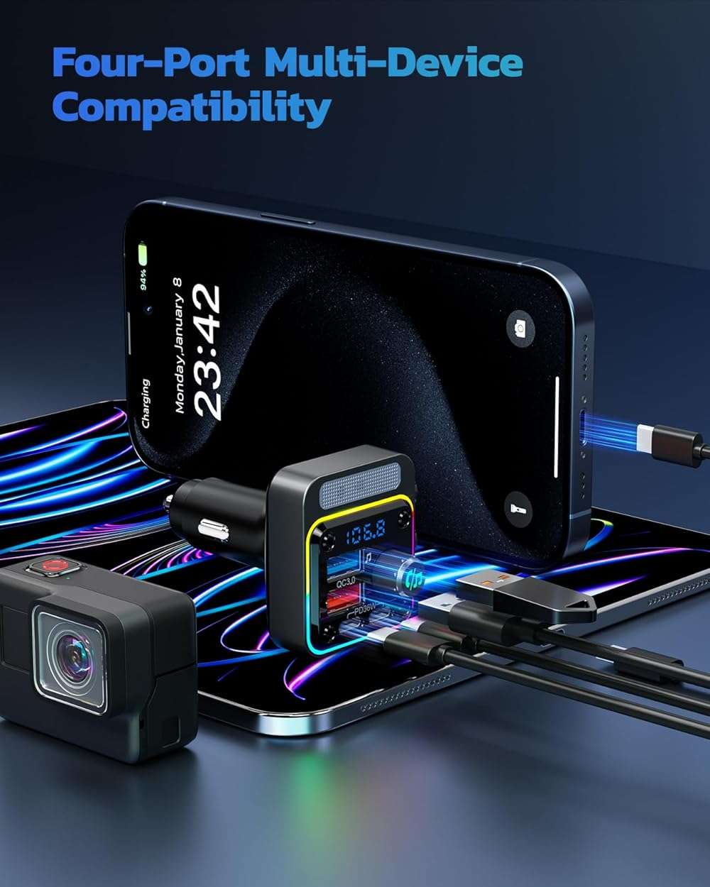 Nulaxy 54W Bluetooth 5.3 Car Adapter Charger 4-Port Fast Charging [PD36W & QC3.0 18W], Wireless Radio FM Transmitter with Deep Bass Player, 5 Colors LED Backlit, Hands-Free Calling, Support USB Drive - Image 6