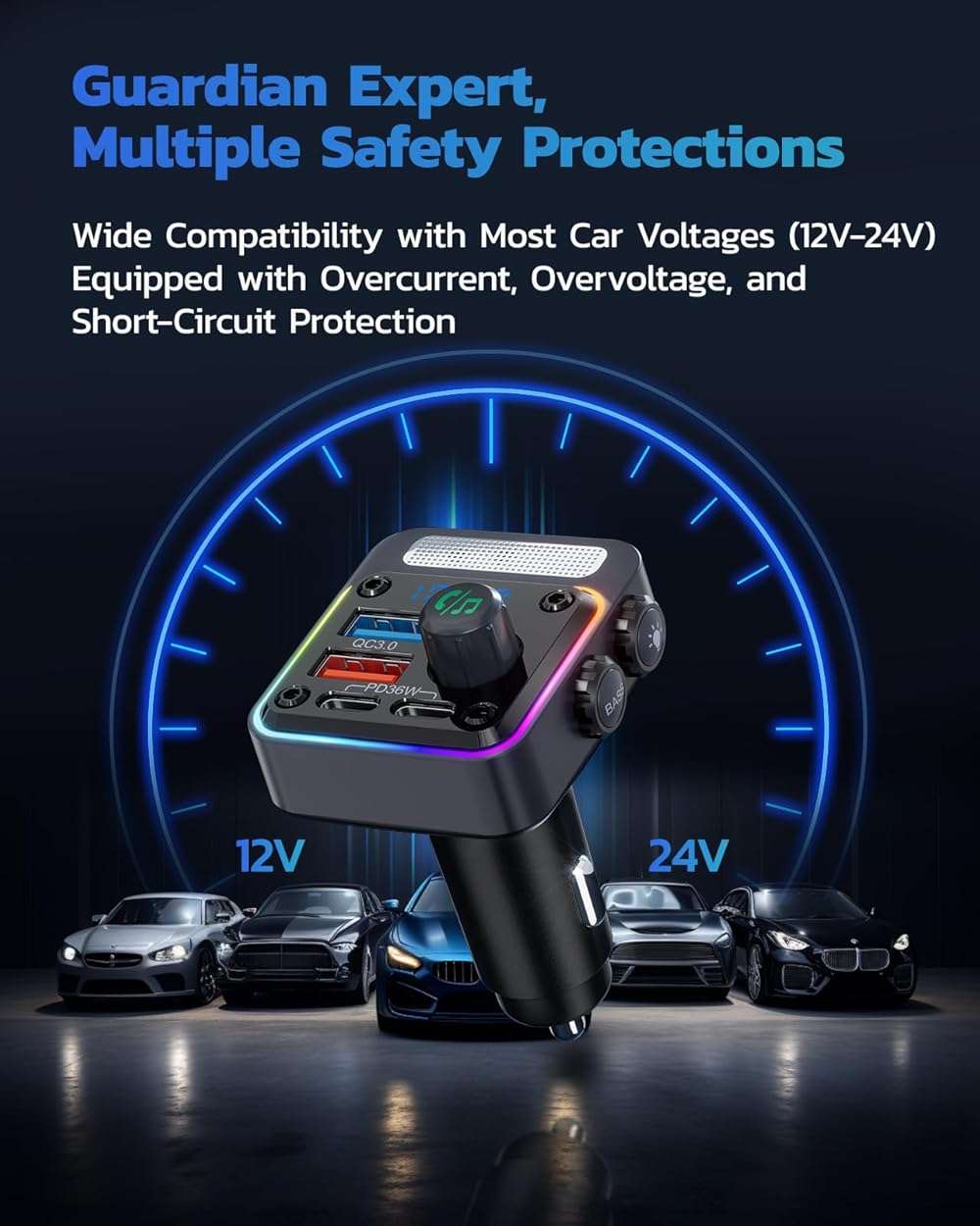 Nulaxy 54W Bluetooth 5.3 Car Adapter Charger 4-Port Fast Charging [PD36W & QC3.0 18W], Wireless Radio FM Transmitter with Deep Bass Player, 5 Colors LED Backlit, Hands-Free Calling, Support USB Drive - Image 8
