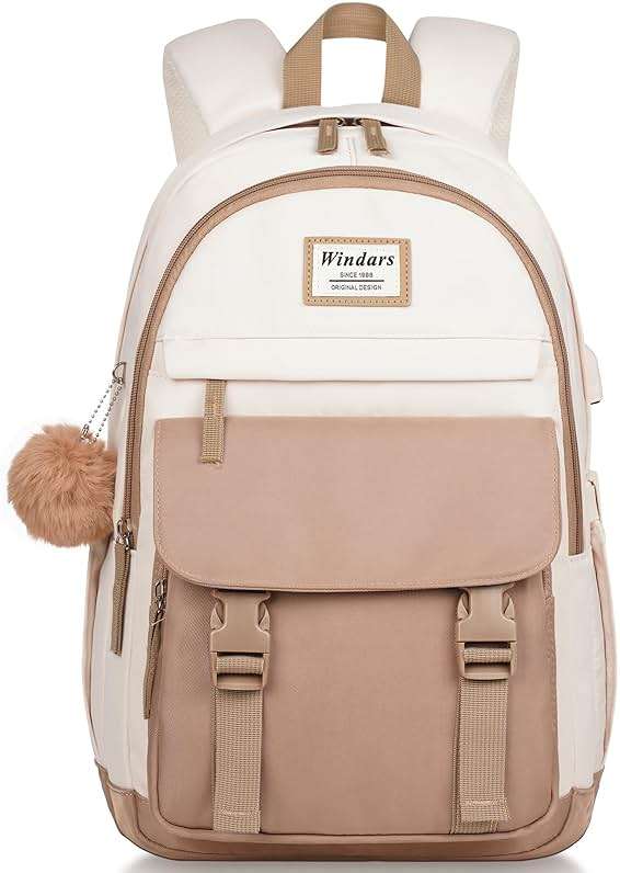 WINDARS School Backpack for Teen Girls, Cute College Backpacks for Women Students Aesthetic Bookbag Large 15.6 Inch Laptop Bag Middle School Travel Back Pack (Khaki Beige) - Image 1