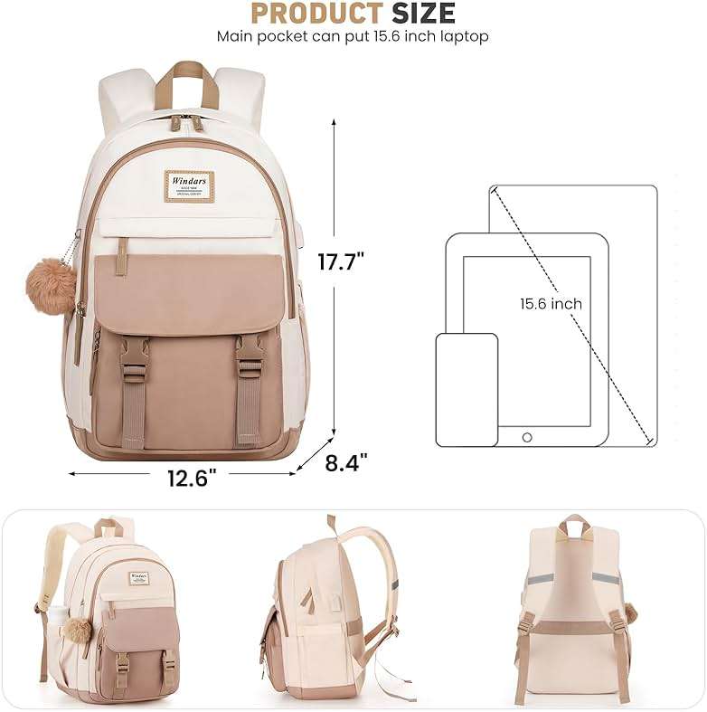 WINDARS School Backpack for Teen Girls, Cute College Backpacks for Women Students Aesthetic Bookbag Large 15.6 Inch Laptop Bag Middle School Travel Back Pack (Khaki Beige) - Image 2
