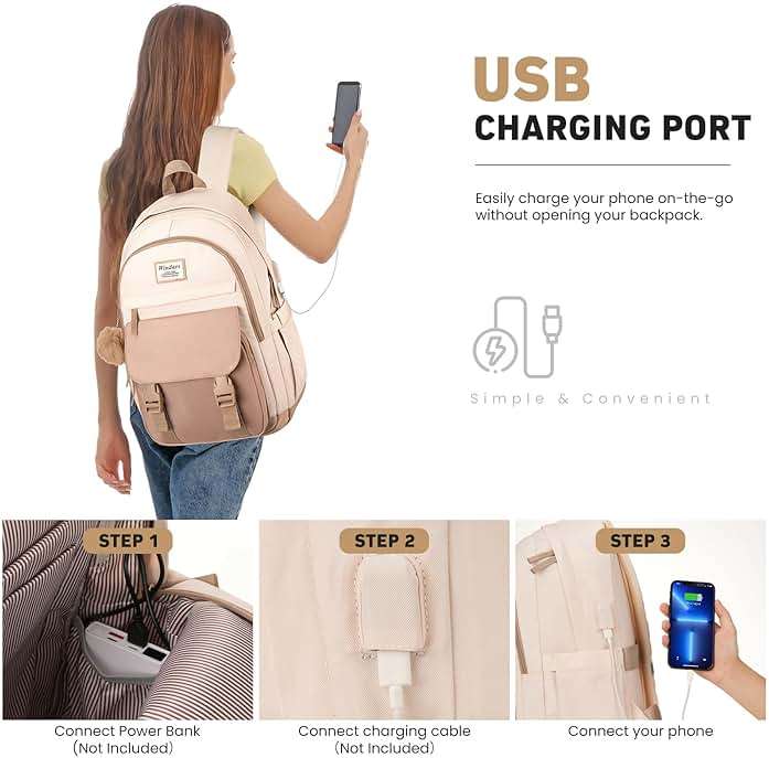 WINDARS School Backpack for Teen Girls, Cute College Backpacks for Women Students Aesthetic Bookbag Large 15.6 Inch Laptop Bag Middle School Travel Back Pack (Khaki Beige) - Image 6