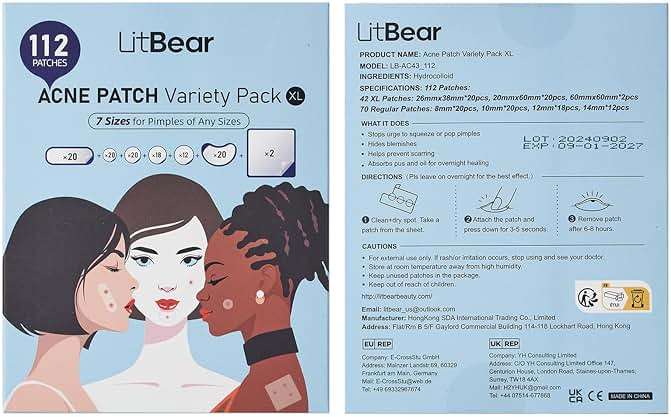 LitBear Large Pimple Patches (7 Sizes 112 Counts), Big Acne Patches, XL Hydrocolloid Bandages for Full Face, Forehead, Chin, Nose, Body, Back, Neck & Chest, Oval, Moon, Square hydrocolloid Patch - Image 8