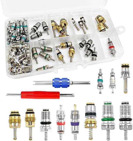 102Pcs Air Conditioning Valve Core - Valve Cores Accessories A/C R12 R134a Accessories Kit, Automotive Air Conditioning Refrigeration Tire Valve Stem Cores Repair Tool Assortment Kit - Image 1