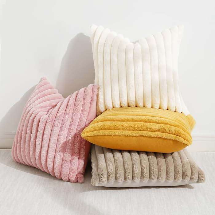 decorUhome Summer Cozy Faux Fur Throw Pillow Covers 18x18 Set of 2 Decorative Soft Plush Striped Modern Farmhouse Boho Couch Pillow Cases with Velvet Back for Sofa Bed Living Room, Cream White - Image 4