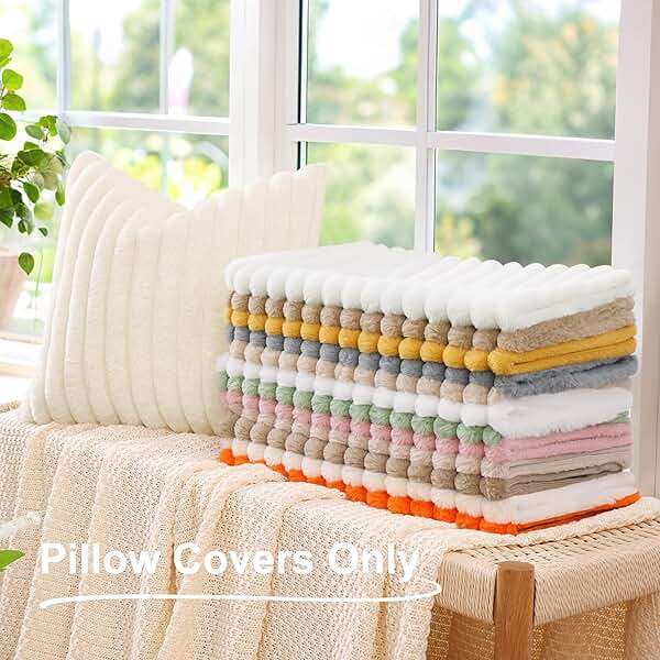 decorUhome Summer Cozy Faux Fur Throw Pillow Covers 18x18 Set of 2 Decorative Soft Plush Striped Modern Farmhouse Boho Couch Pillow Cases with Velvet Back for Sofa Bed Living Room, Cream White - Image 8