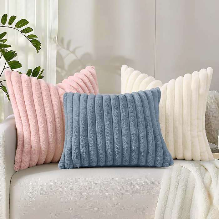 decorUhome Summer Cozy Faux Fur Throw Pillow Covers 18x18 Set of 2 Decorative Soft Plush Striped Modern Farmhouse Boho Couch Pillow Cases with Velvet Back for Sofa Bed Living Room, Cream White - Image 9