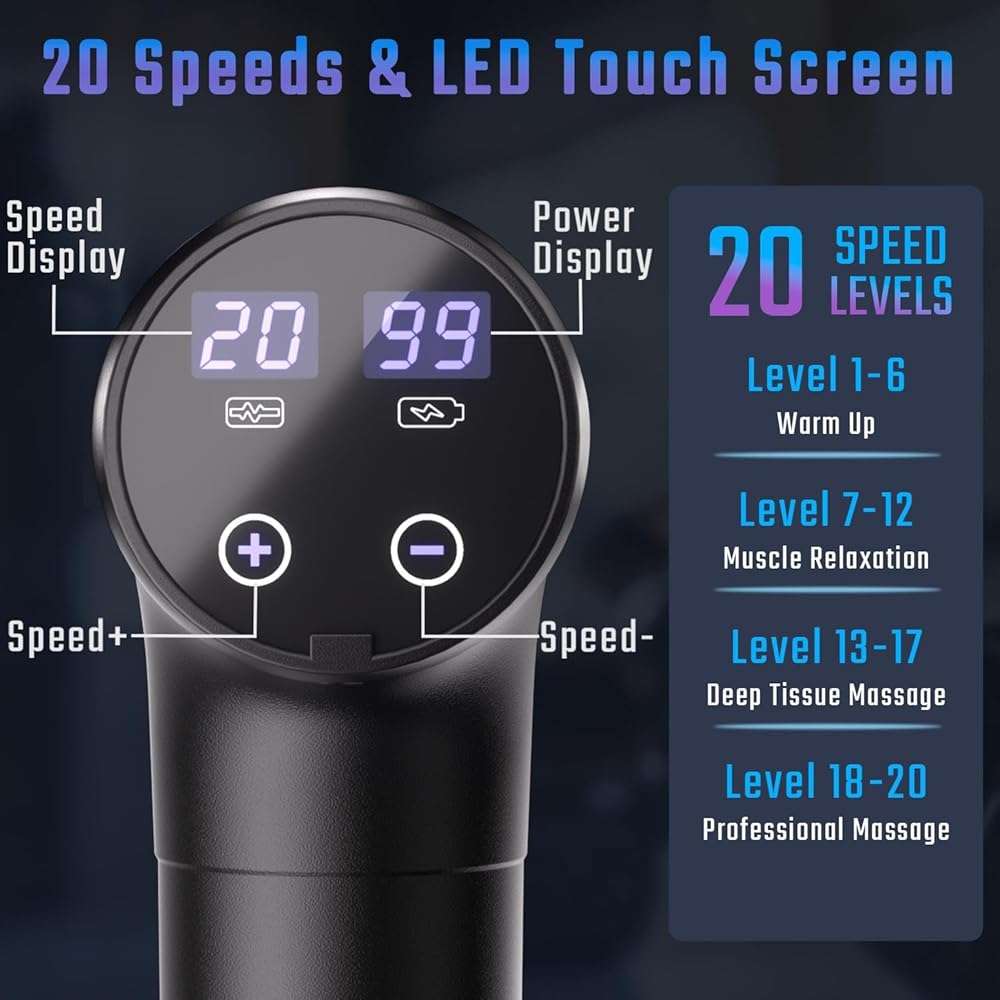 cotsoco Massage Gun Deep Tissue, Muscle Massage Gun with 9 Attachment Heads 20 Speeds & Silent Brushless Motor for Pain Relief, Handheld Percussion Back Massager Gun, Fathers Day Dad Gifts(Black) - Image 2