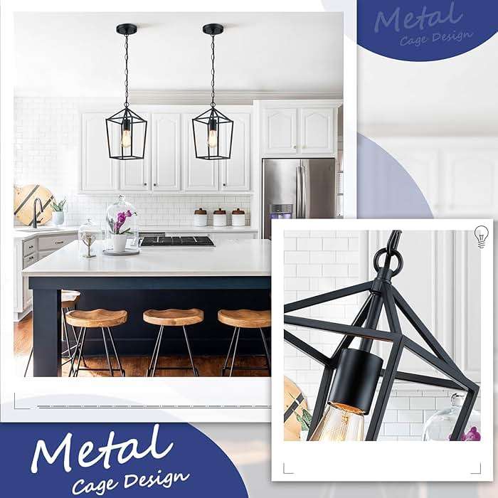 Sheetea 2-Pack Farmhouse Pendant Lights Kitchen Island, Black Pendant Light Fixtures Hanging Lamp for Dining Room, Modern Kitchen Pendant Lighting Over Island, Metal Cage Design - Image 4